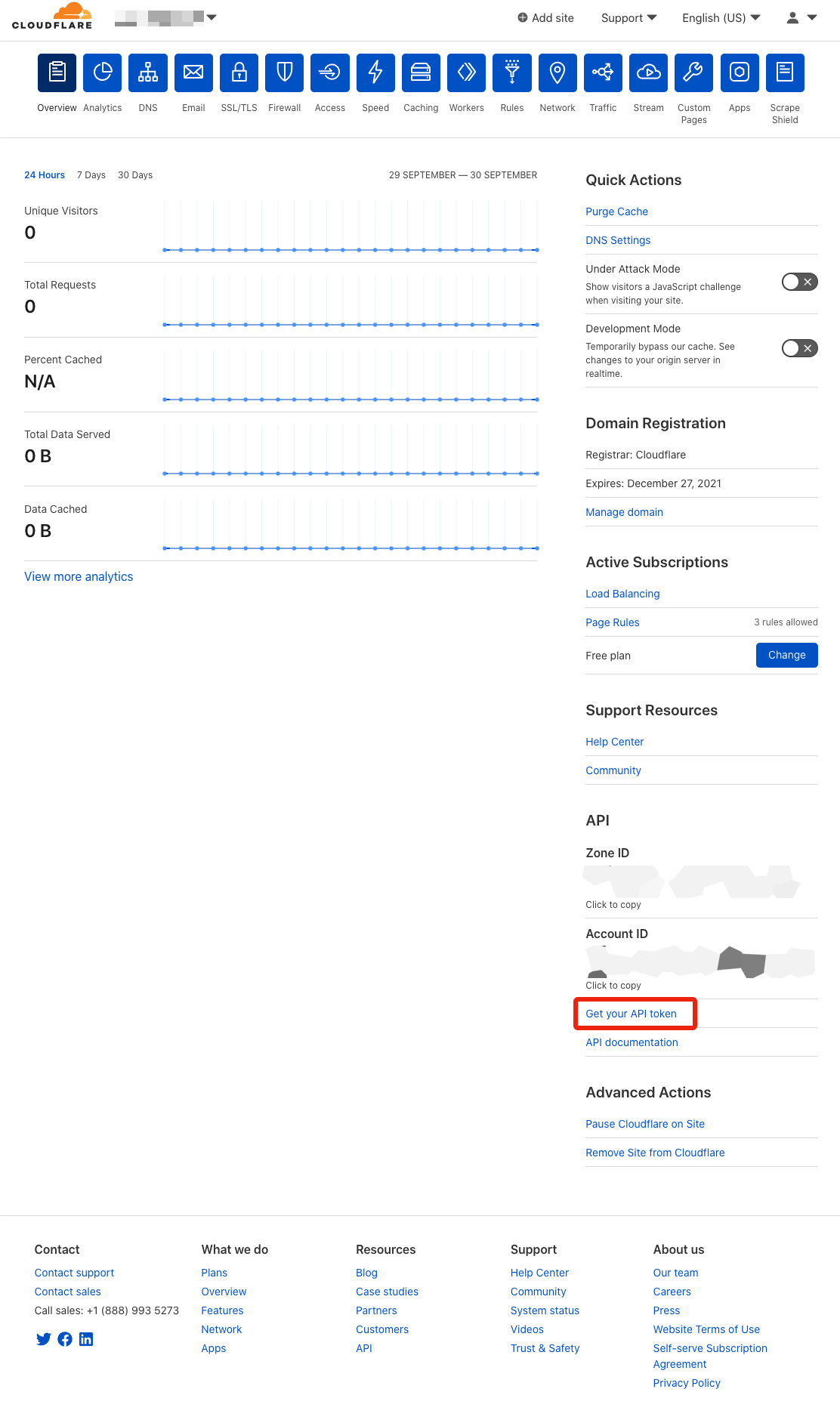 Cloudflare Overview tab showing 'Get your API token' button